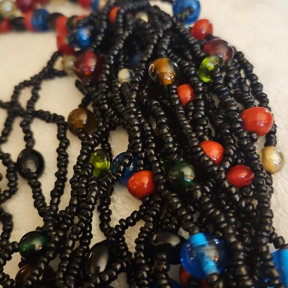 Vintage Indian Black and Multicolor Rainbow Glass Beaded Multi-strand Necklace